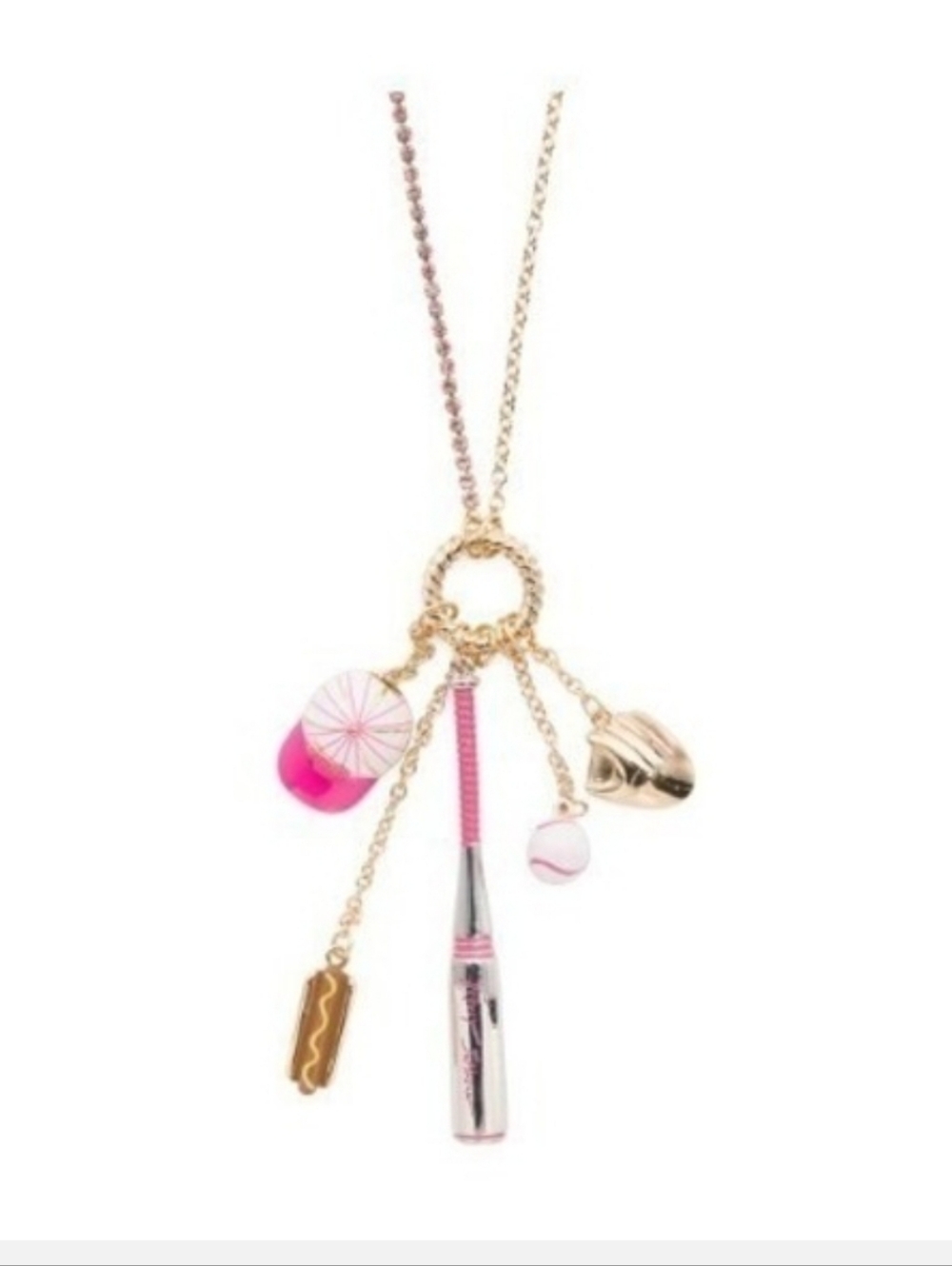 Betsey Johnson Baseball Charm Pendant 30in Necklace with Pink Accents